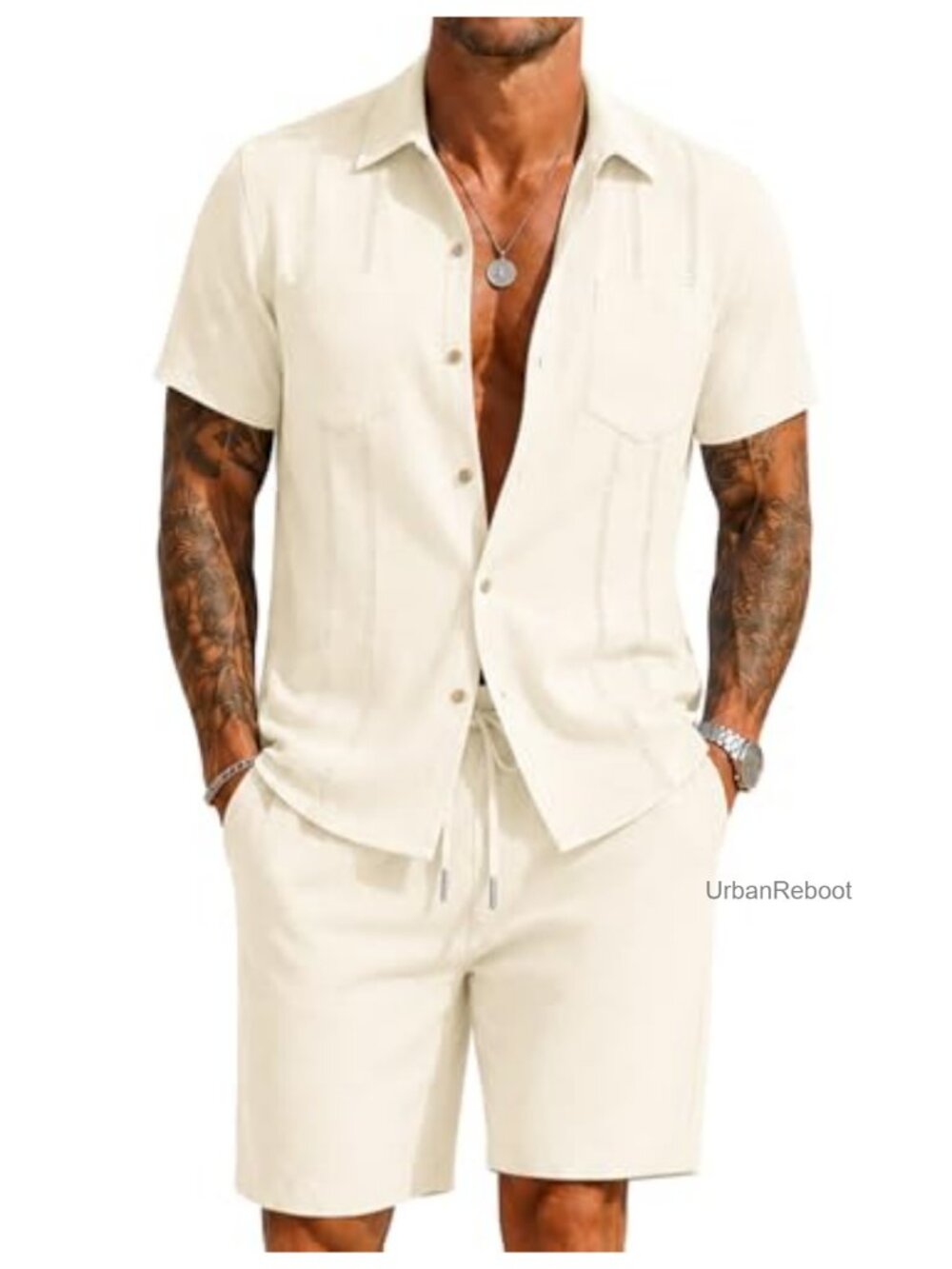 Mens 2 Piece Short Set Button Down Shirt Summer Texture Casual Outfits